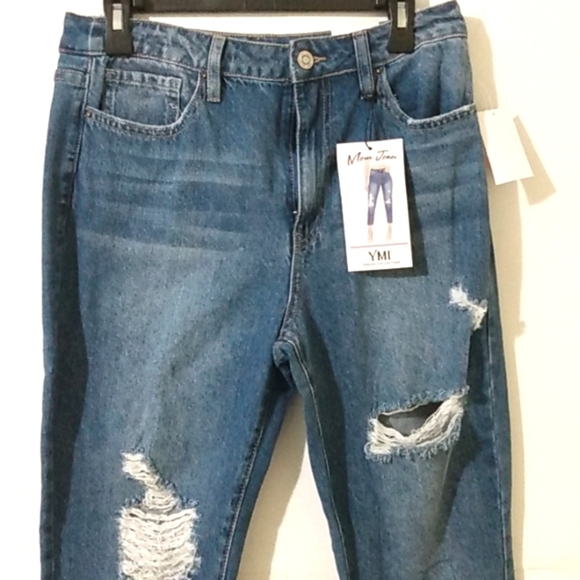 YMI DREAM COLLECTION DISTRESSED RIPS & WHISKERS MOM JEANS SIZE 11 / 30 NWT - Picture 2 of 6